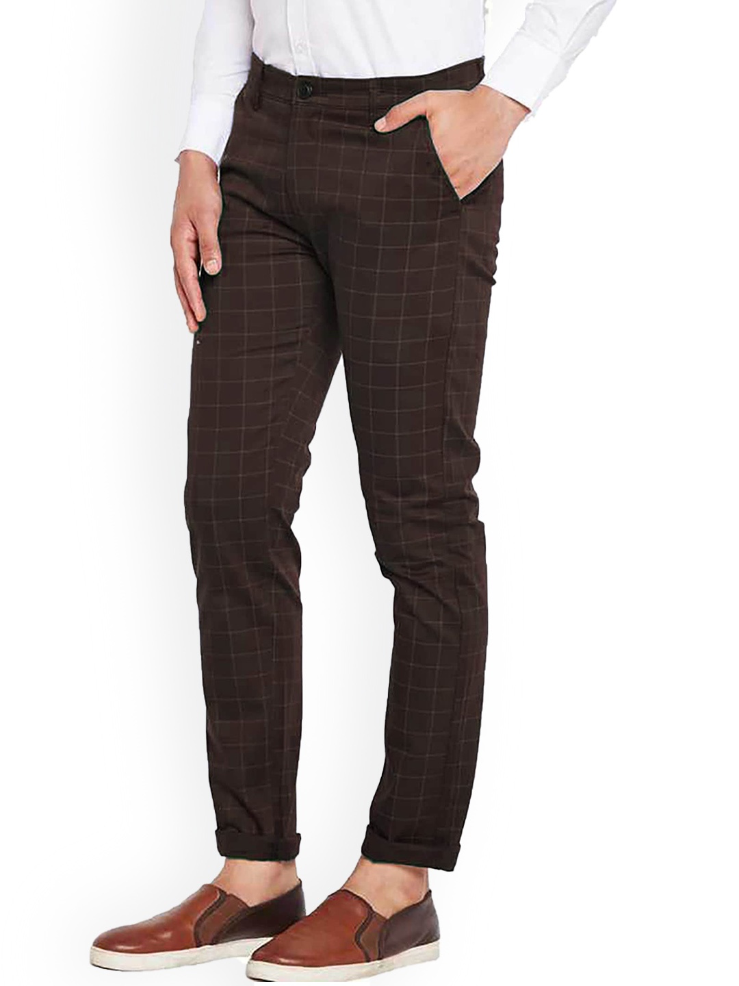 

FUBAR Men Relaxed Slim Fit Checked Mid-Rise Easy Wash Trousers, Brown