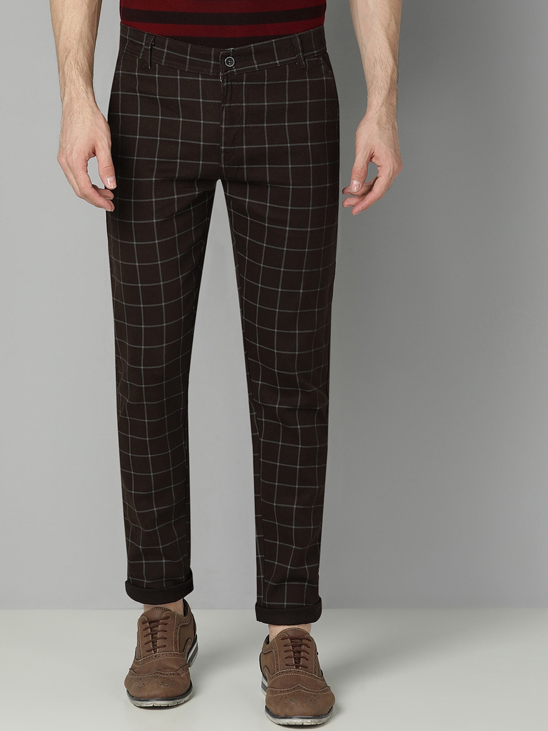 

FUBAR Men Checked Relaxed Slim Fit Easy Wash Trousers, Brown