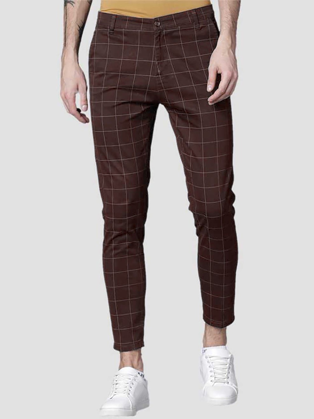 

FUBAR Men Checked Relaxed Slim Fit Easy Wash Trousers, Brown