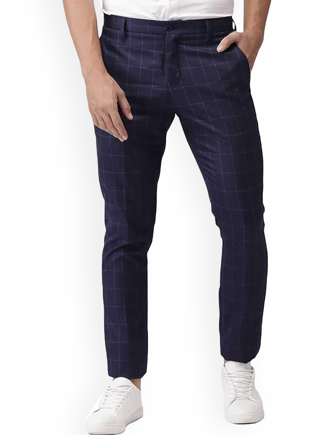 

FUBAR Men Checked Relaxed Slim Fit Easy Wash Regular Trousers, Blue