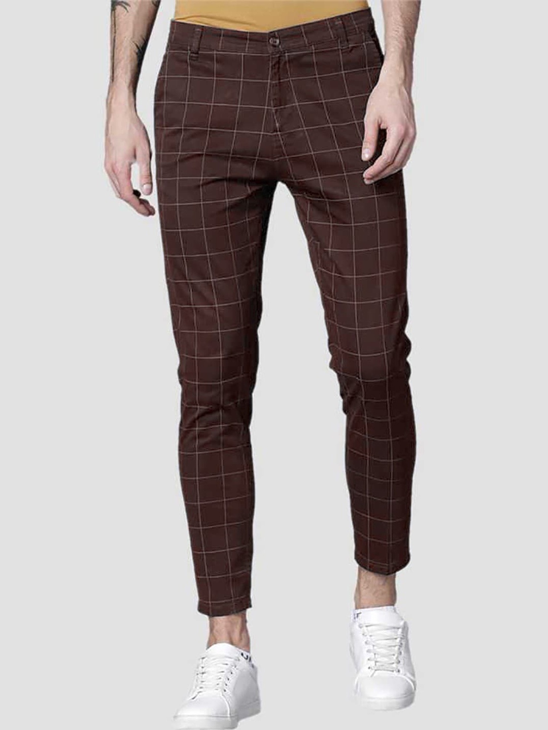 

FUBAR Men Relaxed Slim Fit Mid-Rise Checked Easy Wash Trousers, Brown