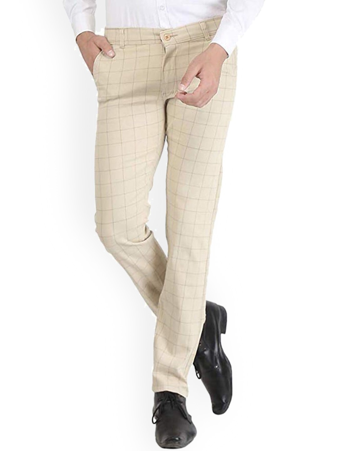 

FUBAR Men Checked Relaxed Slim Fit Easy Wash Trousers, Cream