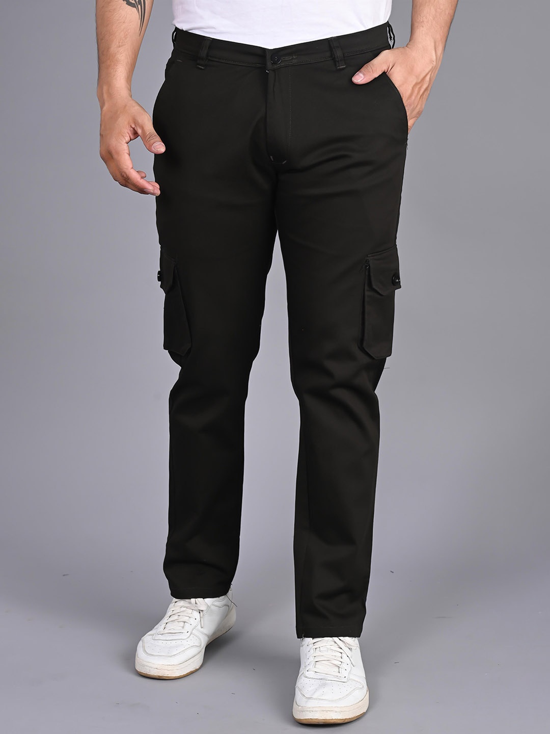 

FUBAR Men Mid-Rise Relaxed Slim Fit Easy Wash Cargos Trousers, Black