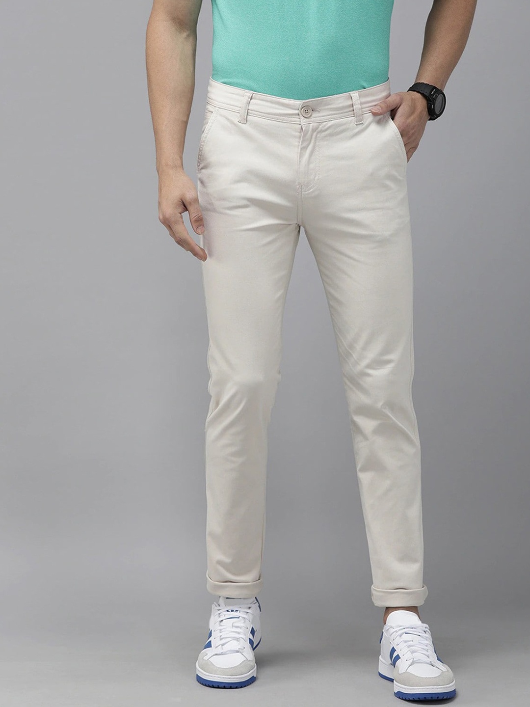 

FUBAR Men Mid-Rise Relaxed Slim Fit Easy Wash Chinos Trousers, White