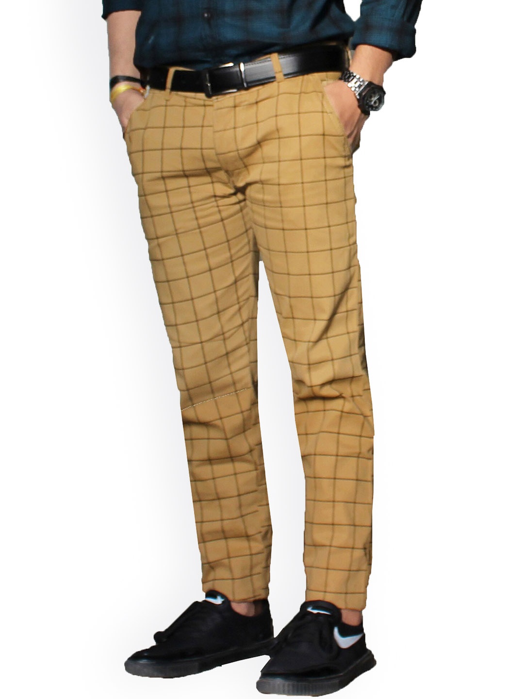 

FUBAR Men Relaxed Slim Fit Mid-Rise Checked Easy Wash Regular Trouser, Beige