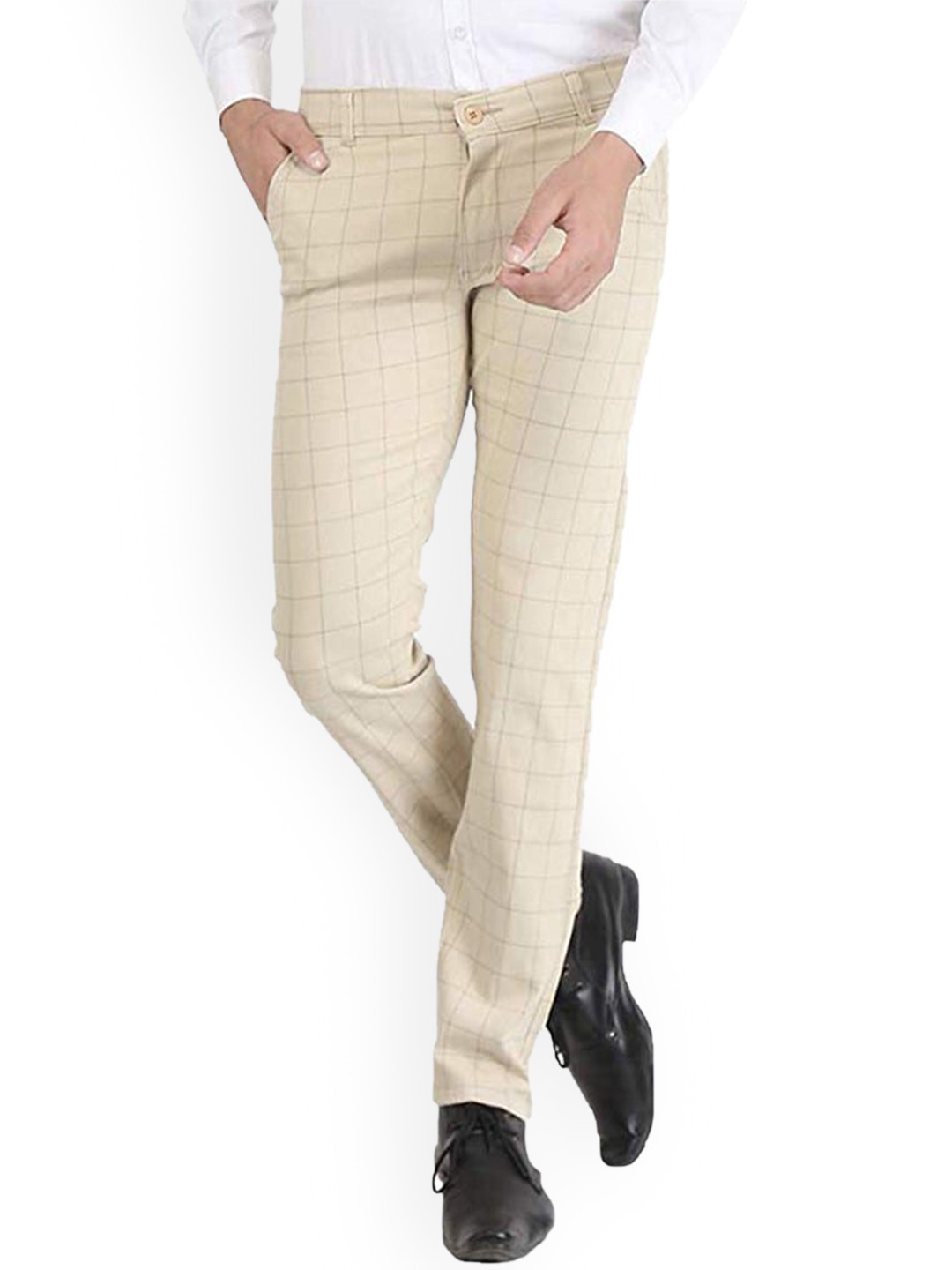

FUBAR Men Checked Relaxed Slim Fit Easy Wash Regular Trousers, Cream