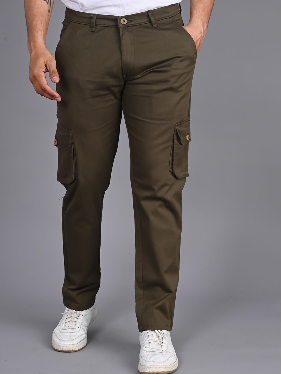 

FUBAR Men Mid-Rise Relaxed Slim Fit Easy Wash Cargos Trousers, Olive