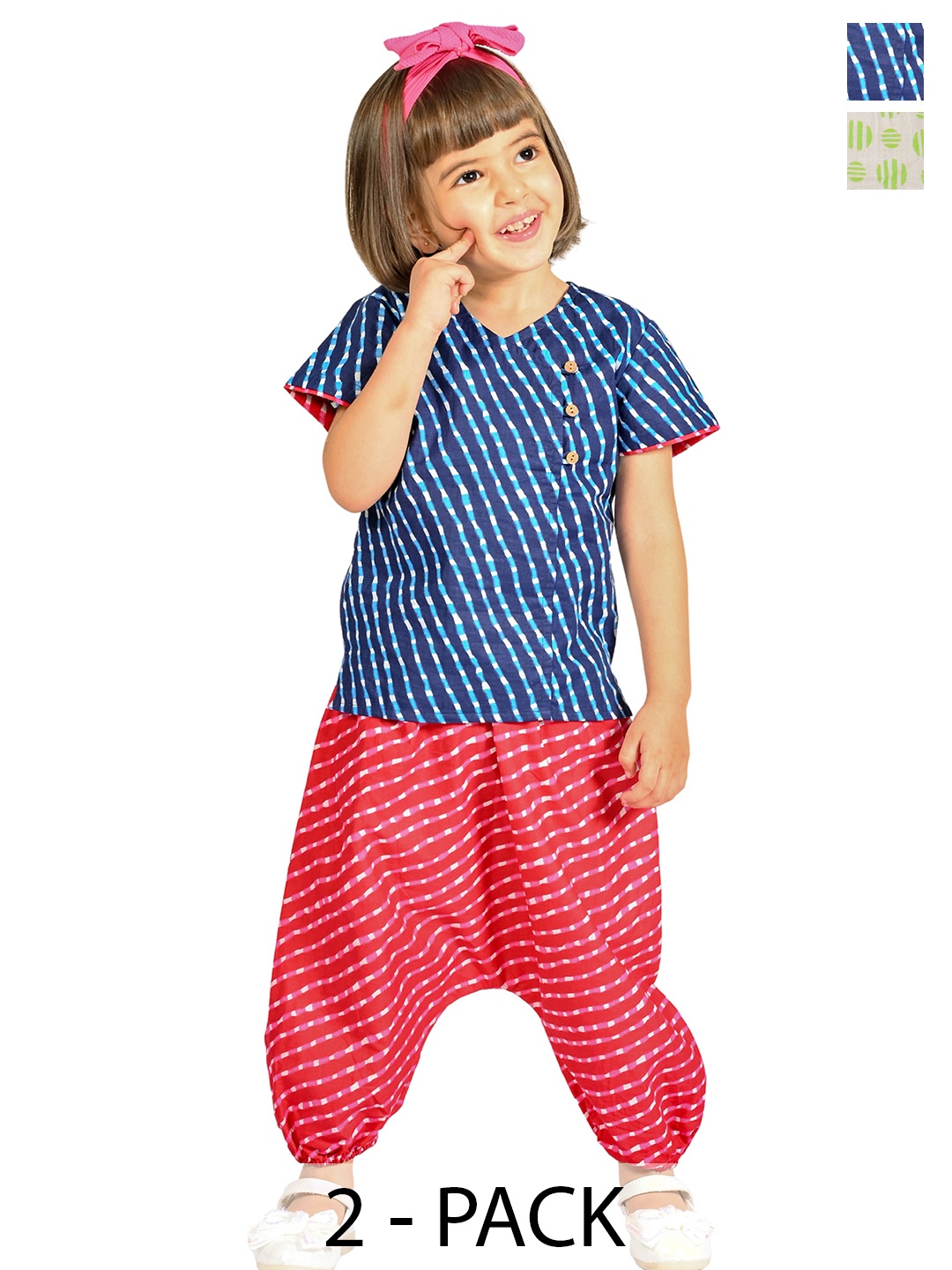 

Tiny Bunnies Girls Pack Of 2 Printed Pure Cotton Top with Trousers, Blue