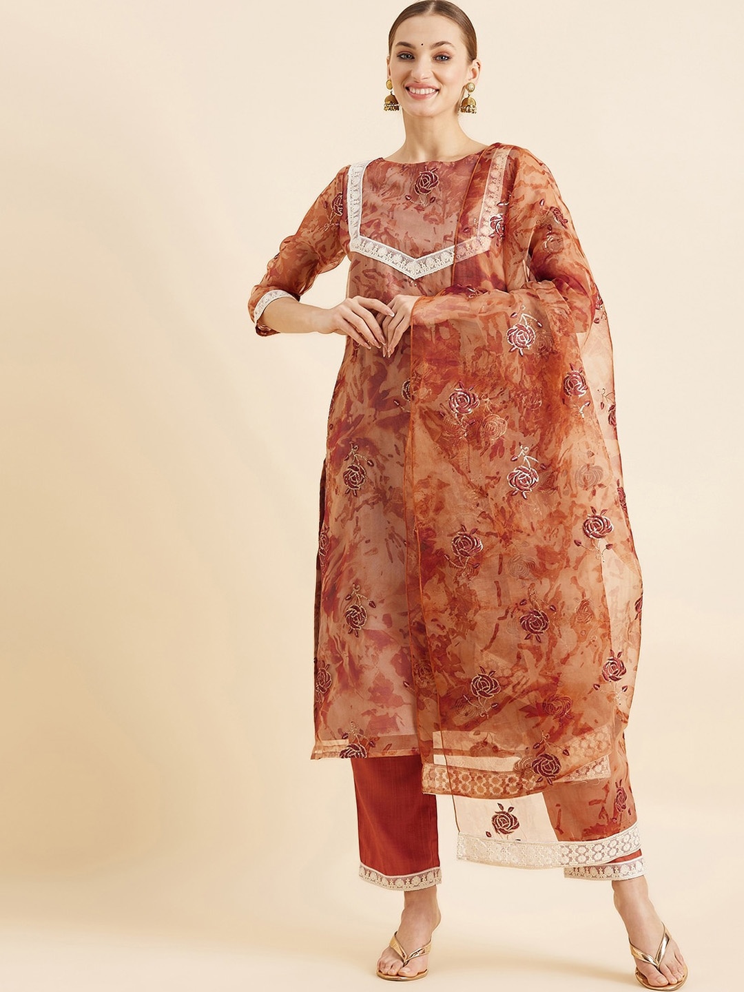 

PANIT Floral Embroidered Kurta With Trousers & Dupatta, Orange