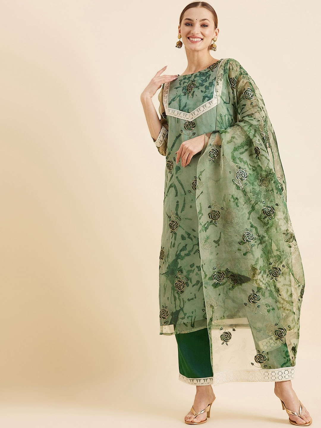 

PANIT Floral Embroidered Kurta With Trousers & Dupatta, Green