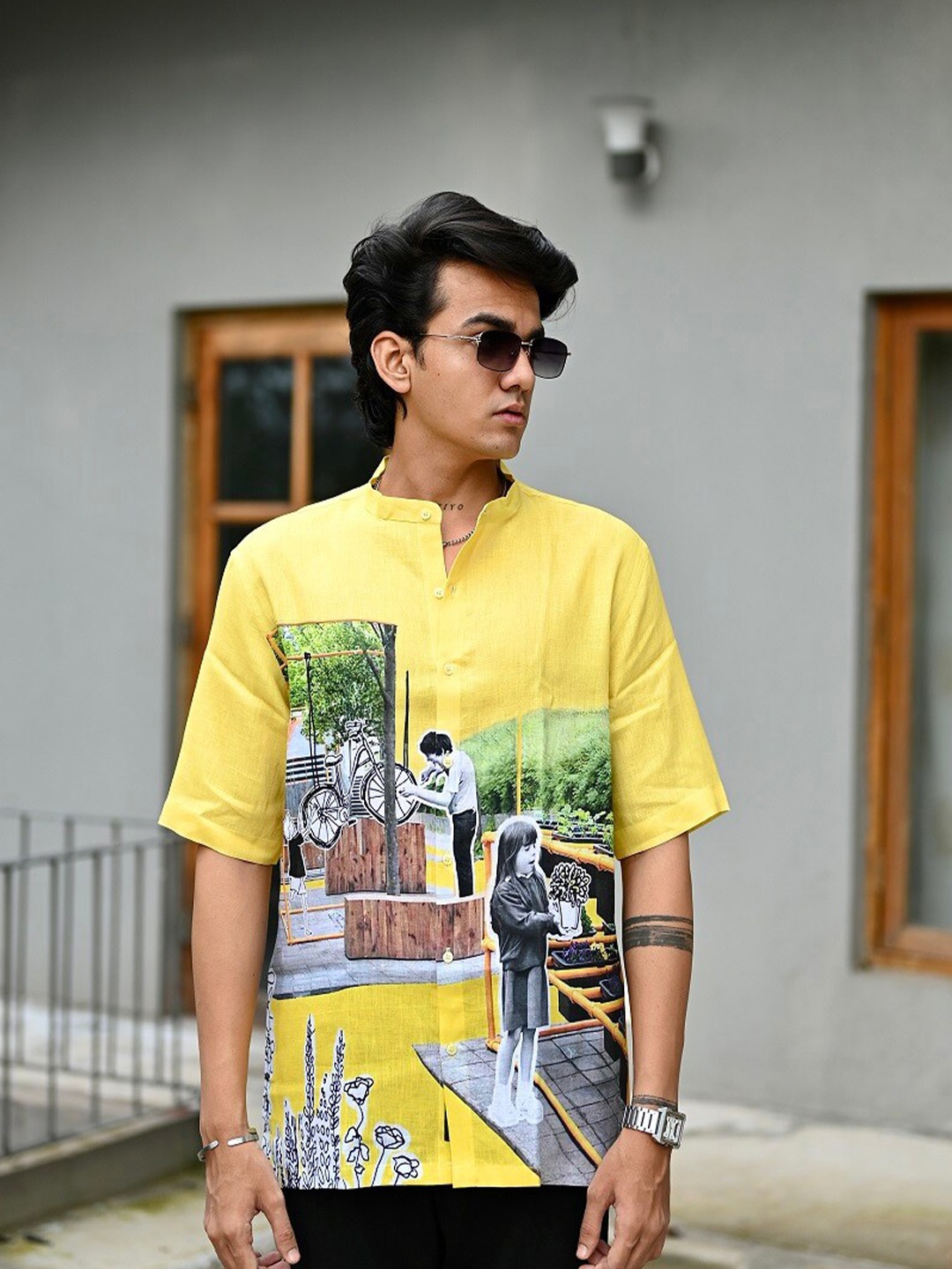 

ADDY'S for men Comfort Semi Sheer Graphic Printed Linen Casual Shirt, Yellow