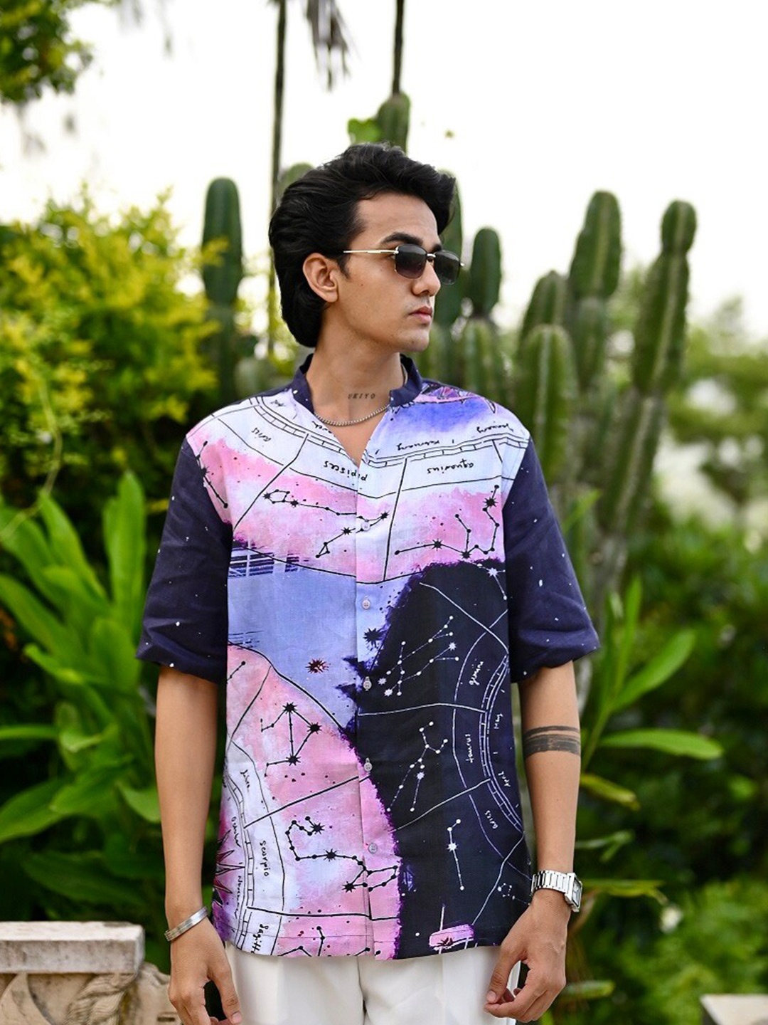 

ADDY'S for men Comfort Fit Geometric Printed Casual Linen Shirt, Navy blue
