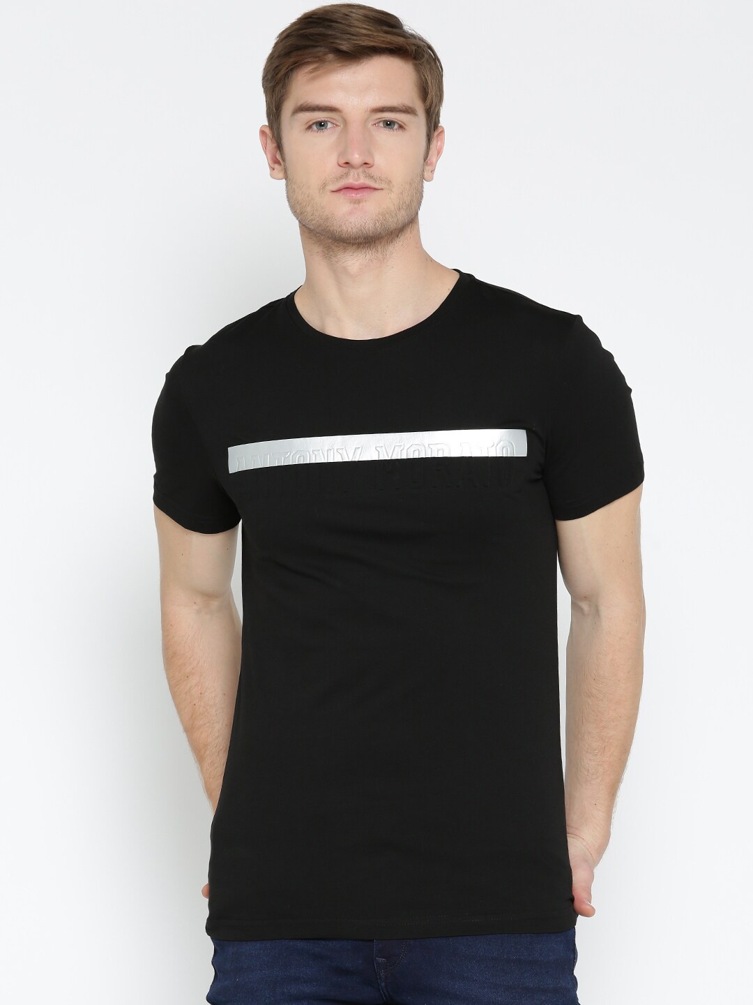 

Antony Morato Men Black Round Neck T-shirt with Embossed Branding