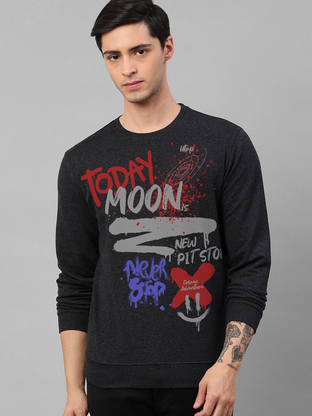 

Huetrap Typography Printed Round Neck Sweatshirt, Charcoal