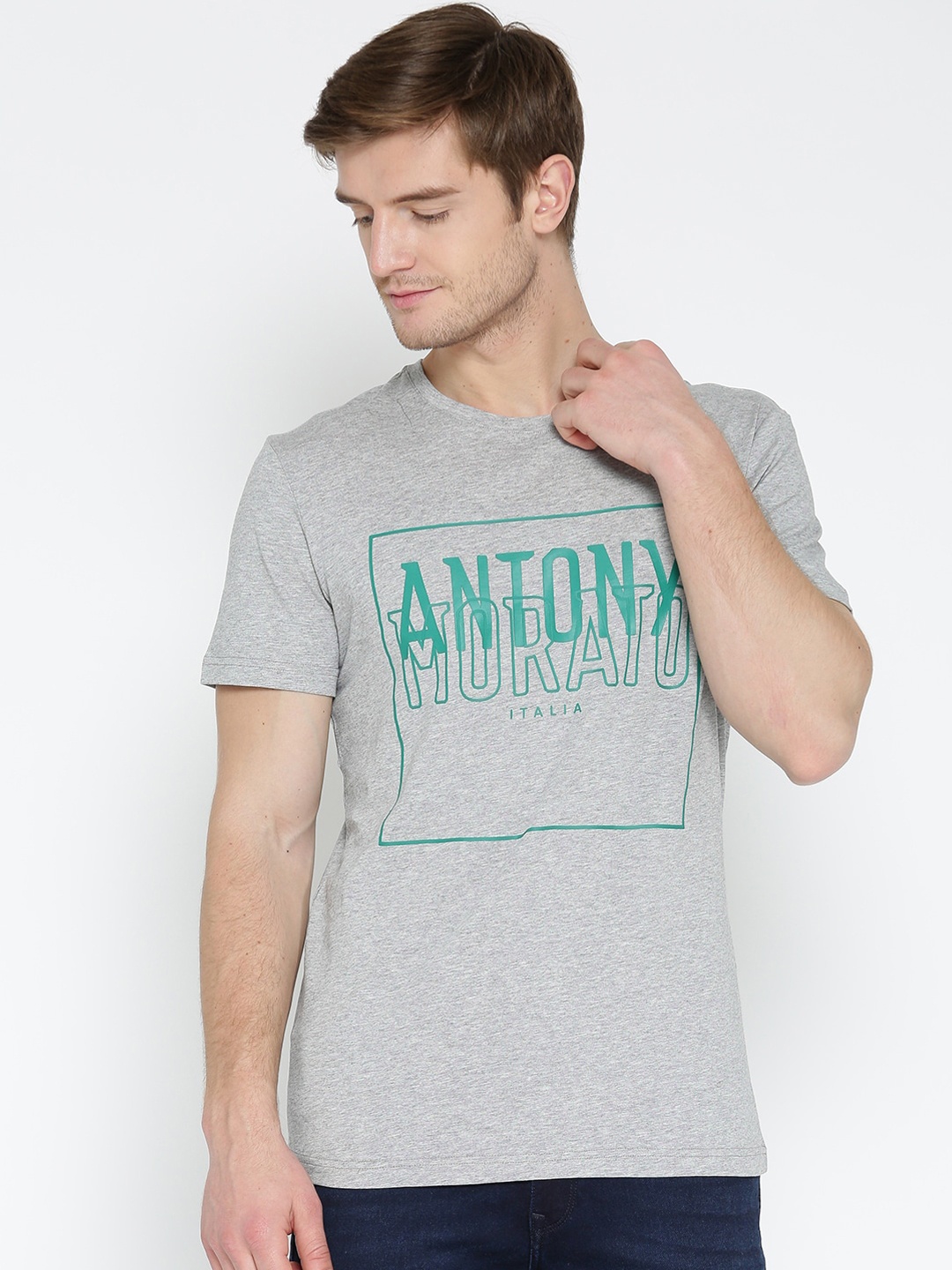 

Antony Morato Men Grey Melange Printed Round Neck T-shirt