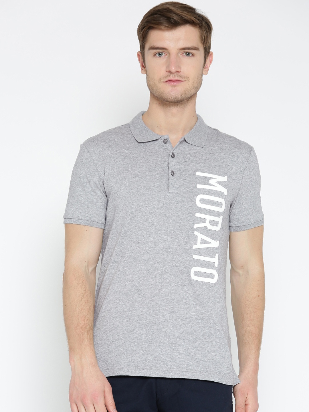 

Antony Morato Men Grey Melange Printed Detail Polo Collar T-shirt