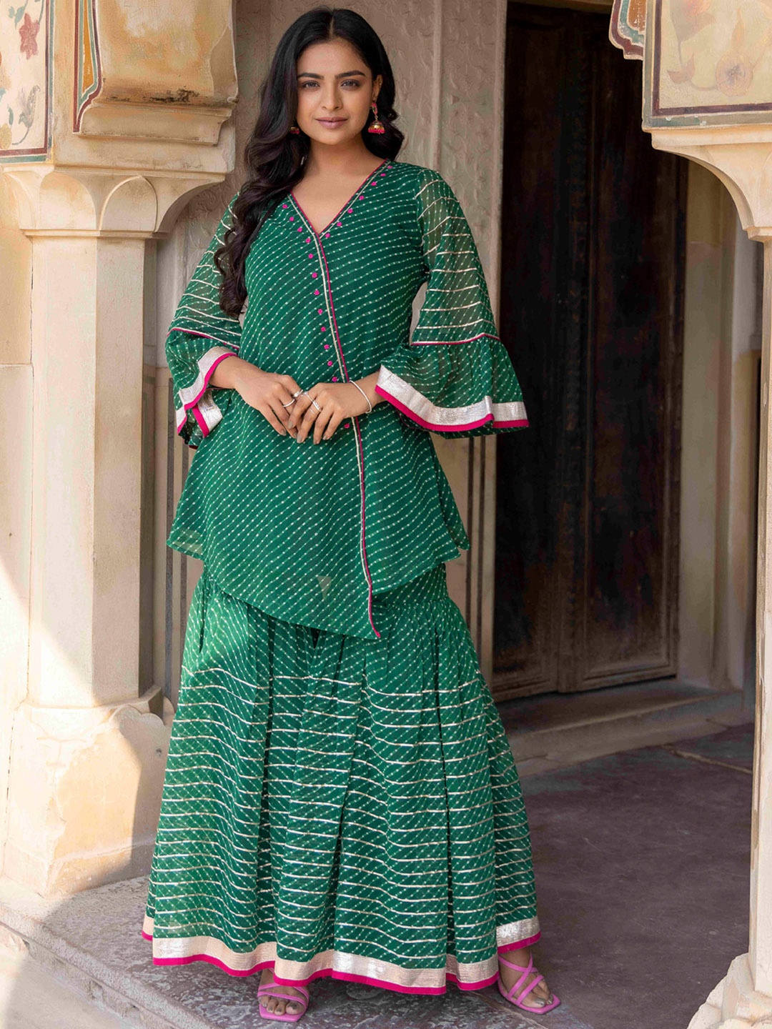 

Ragavi Striped Bead Work Straight Kurti with Sharara, Green