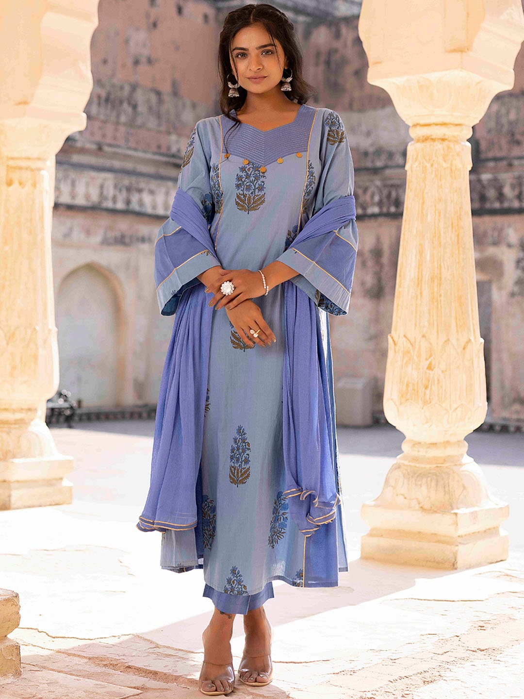

Ragavi Ethnic Motifs Printed Pure Cotton Kurta with Sharara & Dupatta, Blue