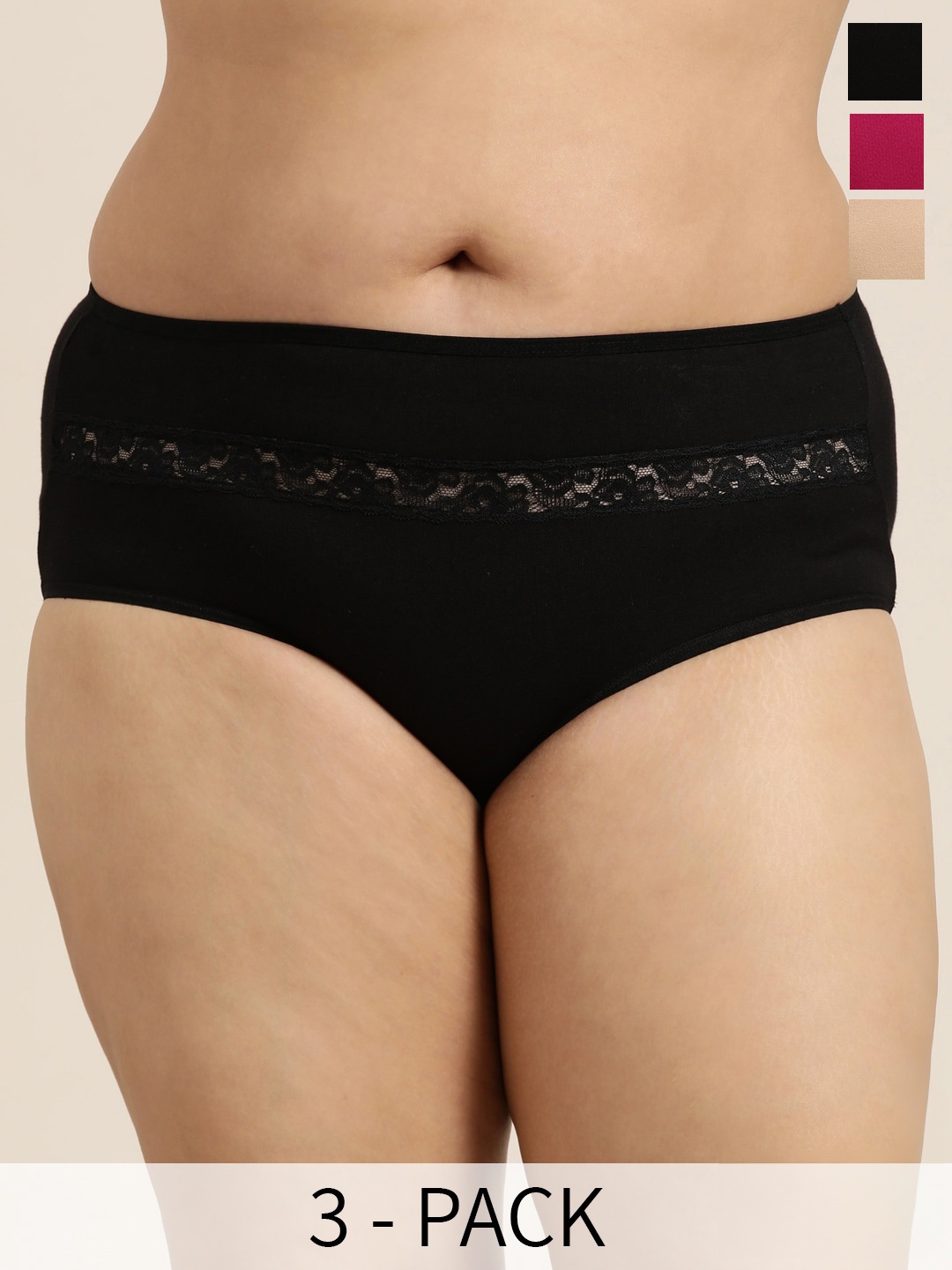 

Sztori Plus Size Pack Of 3 Laced Hipster Briefs, Black
