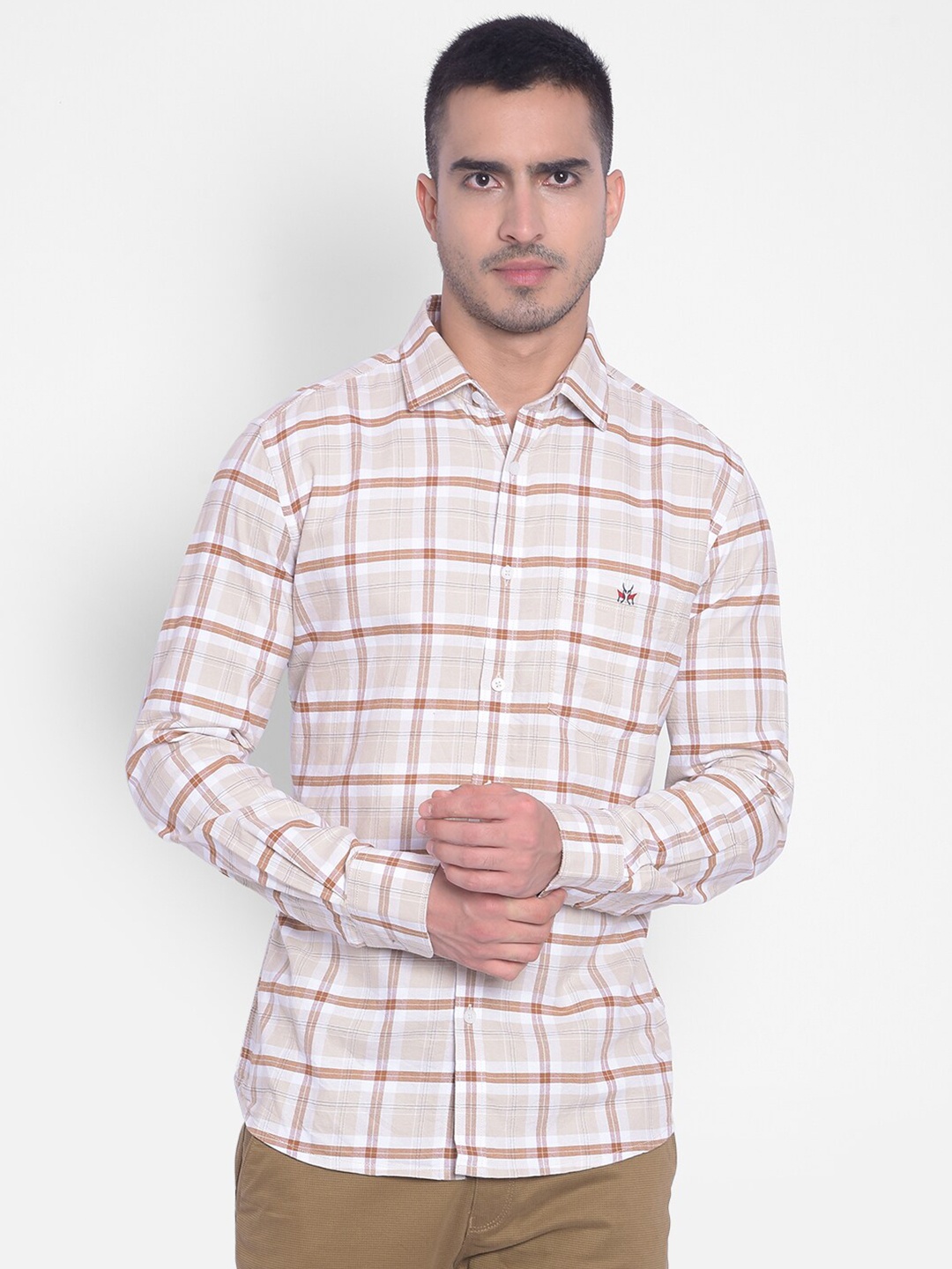 

Crimsoune Club Slim Fit Opaque Checked Pure Cotton Casual Shirt, Beige