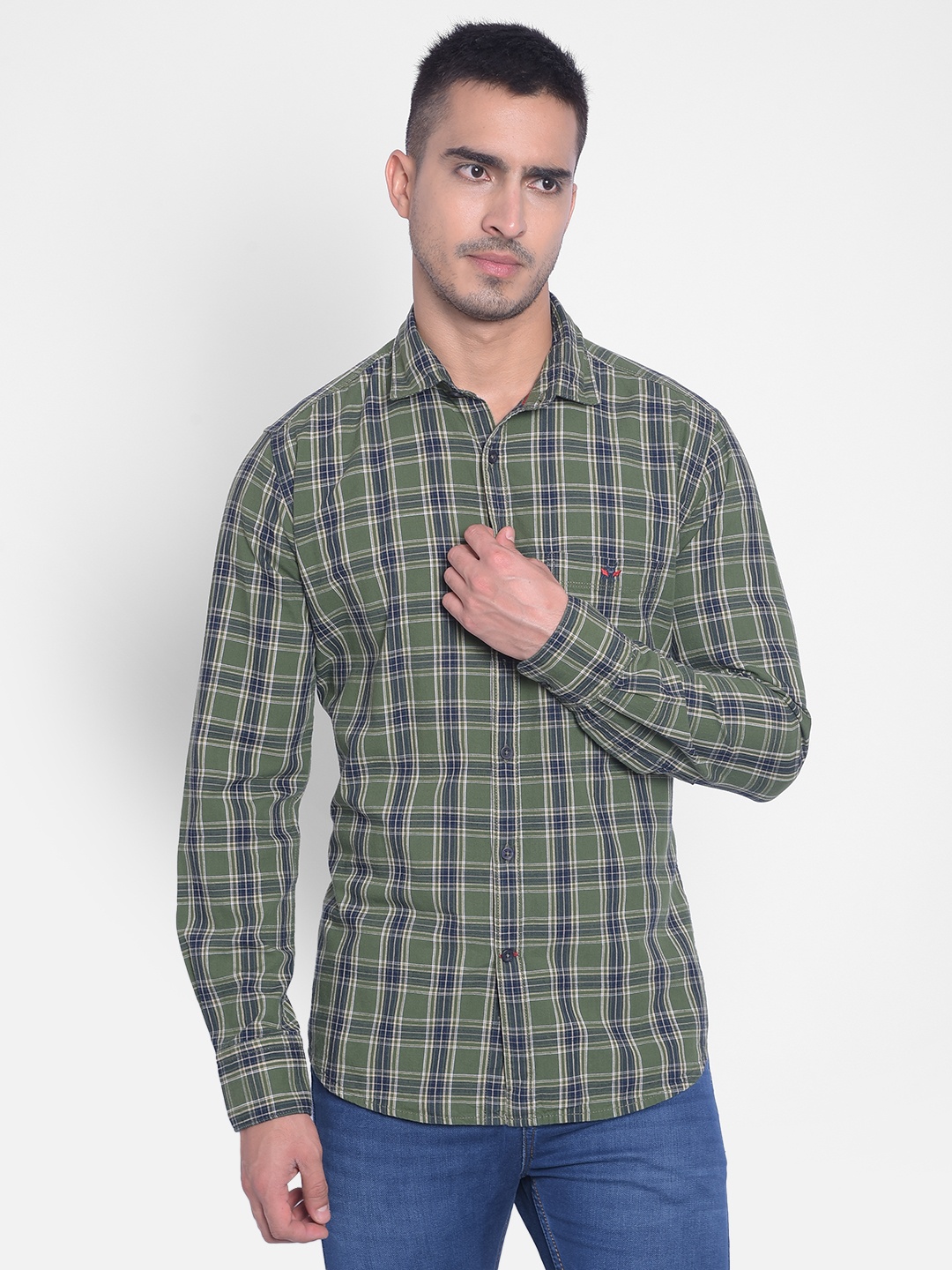 

Crimsoune Club Slim Fit Tartan Checks Opaque Checked Pure Cotton Casual Shirt, Olive