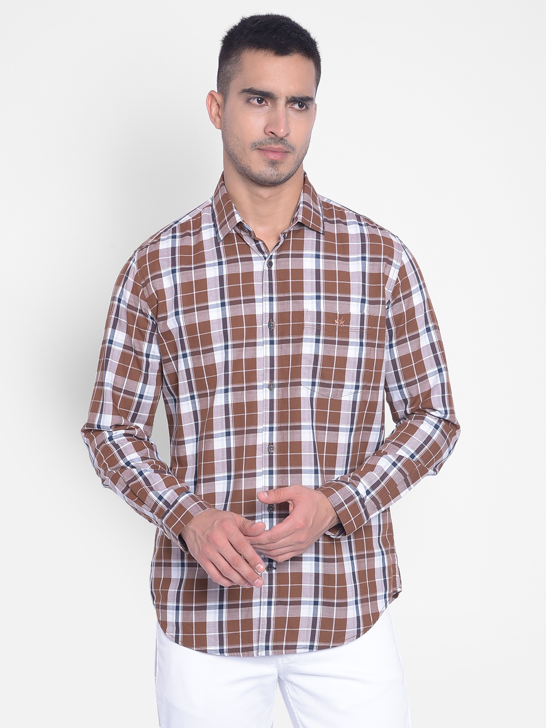 

Crimsoune Club Tartan Checks Slim Fit Cotton Casual Shirt, Brown