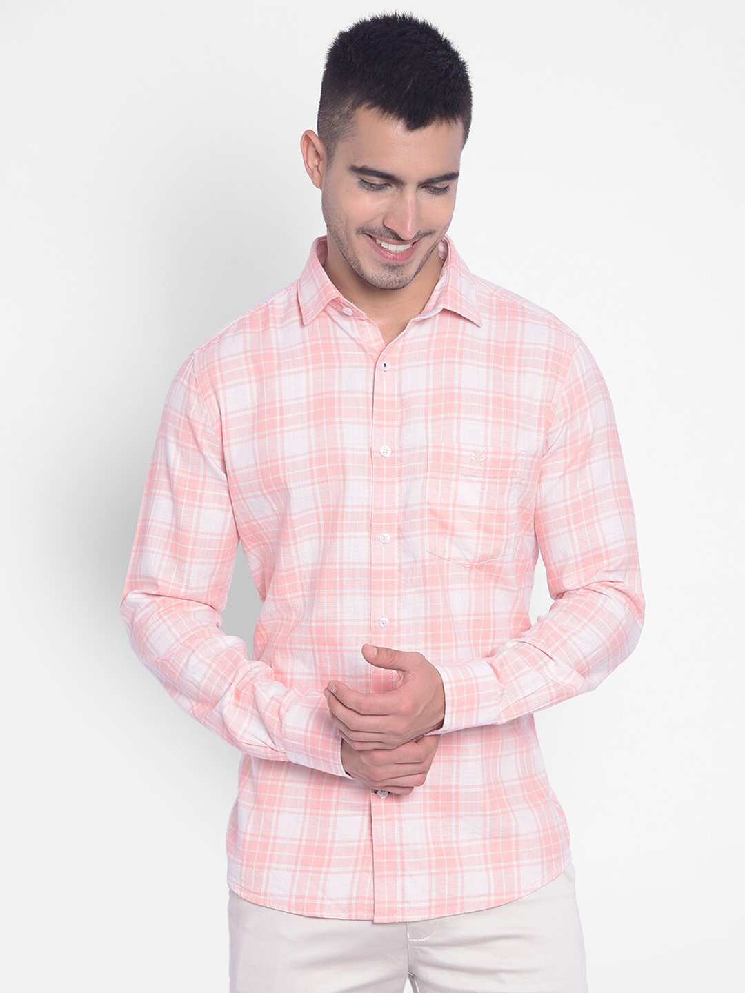 

Crimsoune Club Slim Fit Checked Spread Collar Long Sleeve Cotton Casual Shirt, Pink