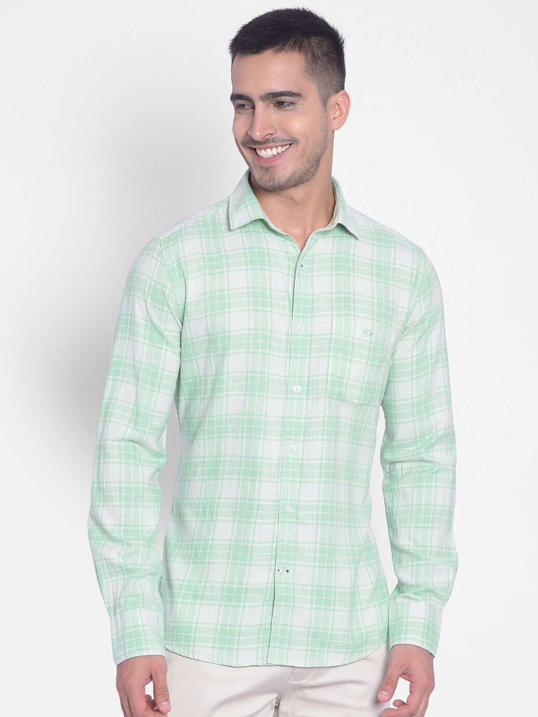

Crimsoune Club Slim Fit Checked Spread Collar Long Sleeve Cotton Casual Shirt, Green