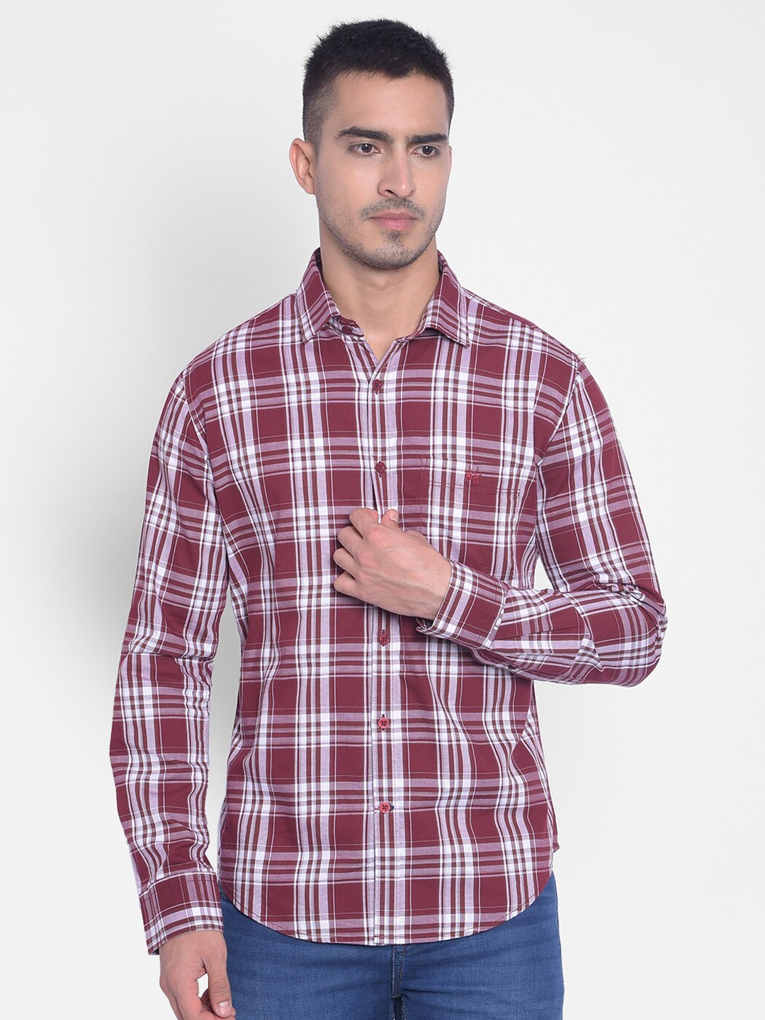 

Crimsoune Club Slim Fit Tartan Checked Pure Cotton Casual Shirt, Burgundy