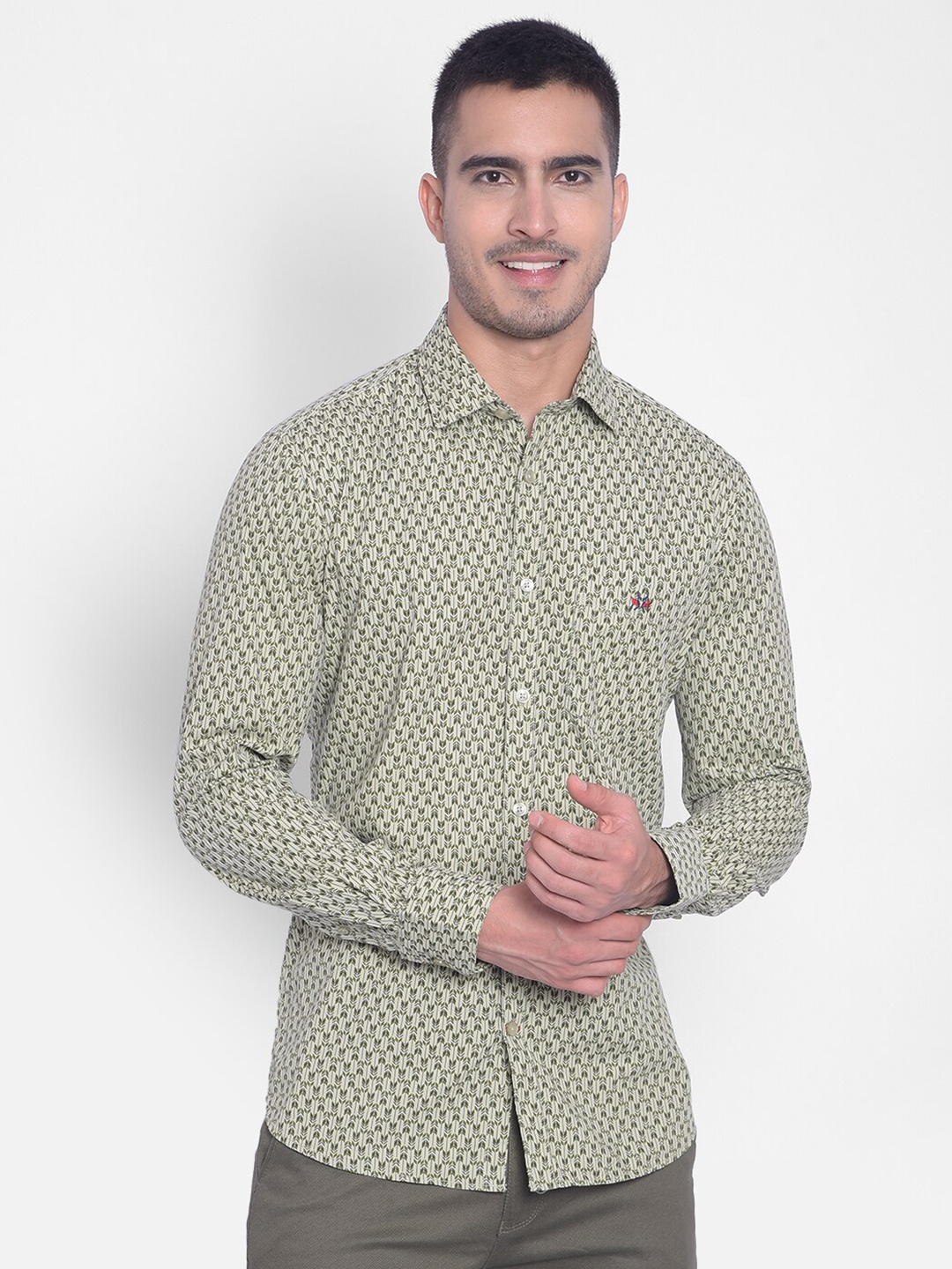 

Crimsoune Club Printed Slim Fit Classic Cotton Casual Shirt, Olive