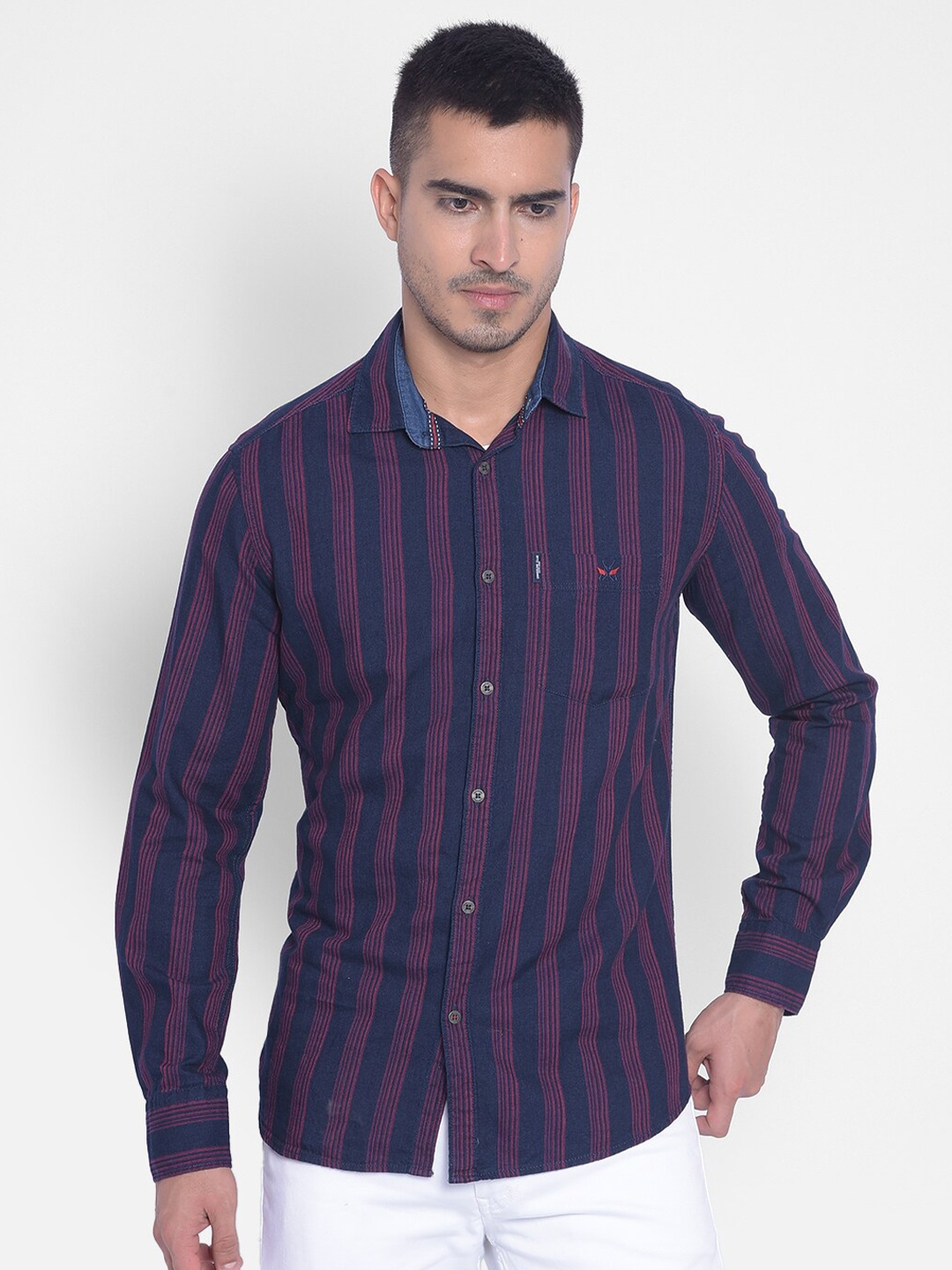 

Crimsoune Club Spread Collar Slim Fit Striped Pure Cotton Shirt, Blue