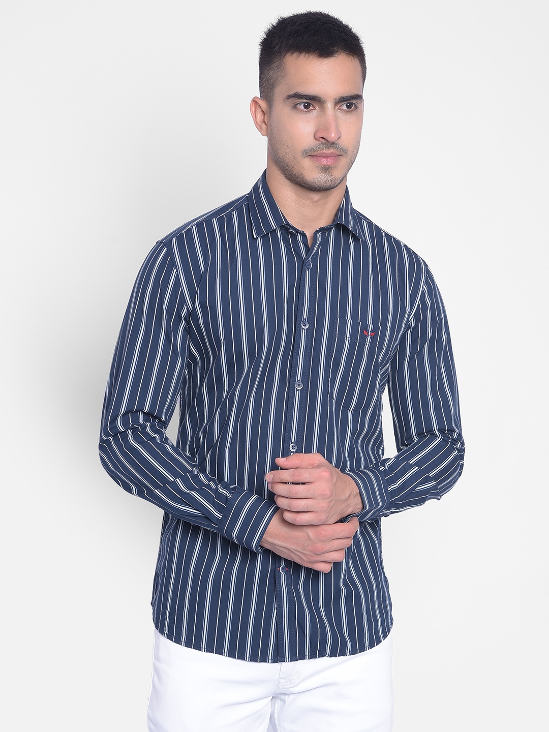 

Crimsoune Club Slim Fit Striped Pure Cotton Casual Shirt, Navy blue