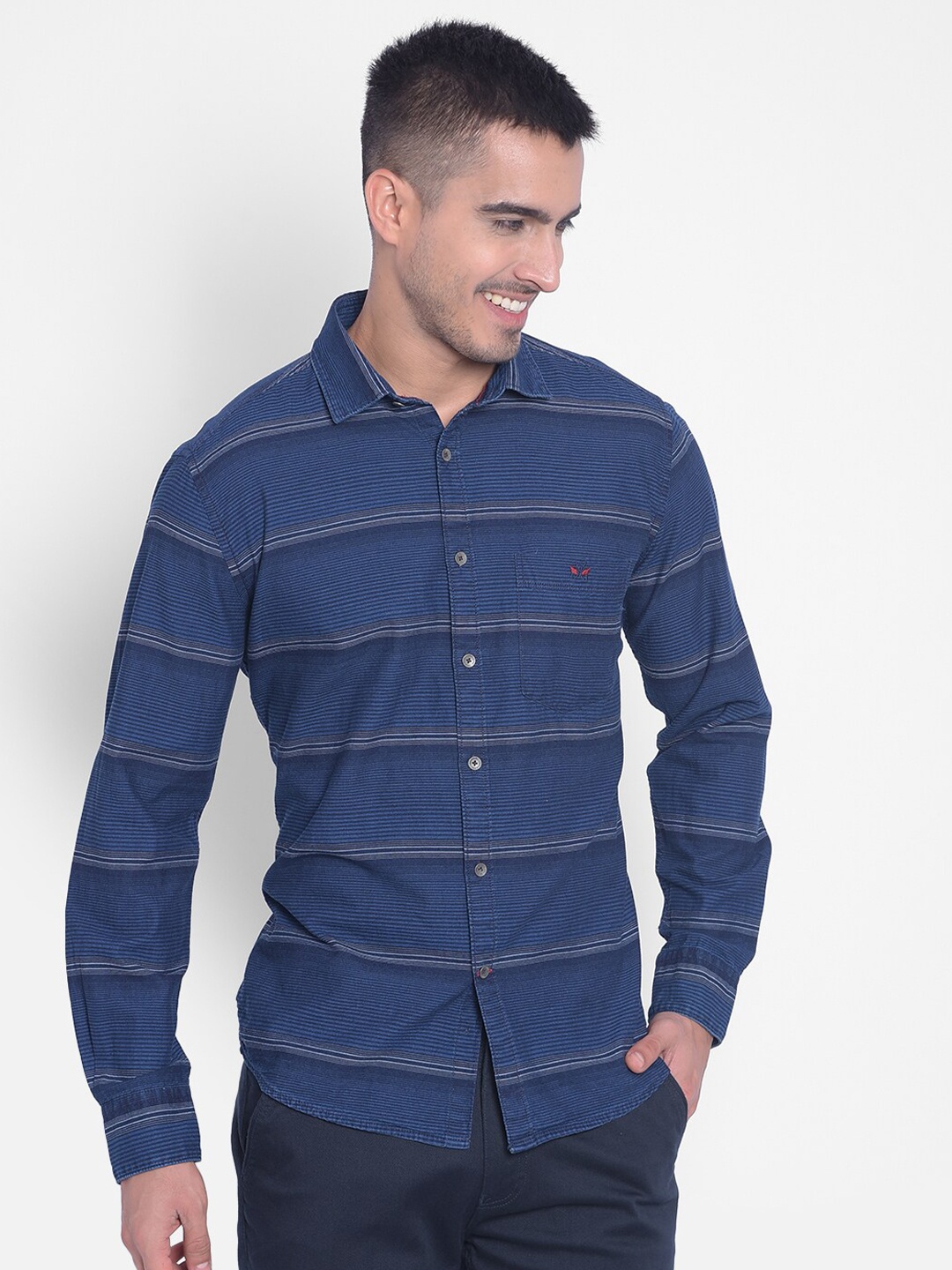 

Crimsoune Club Slim Fit Horizontal Striped Pure Cotton Casual Shirt, Navy blue