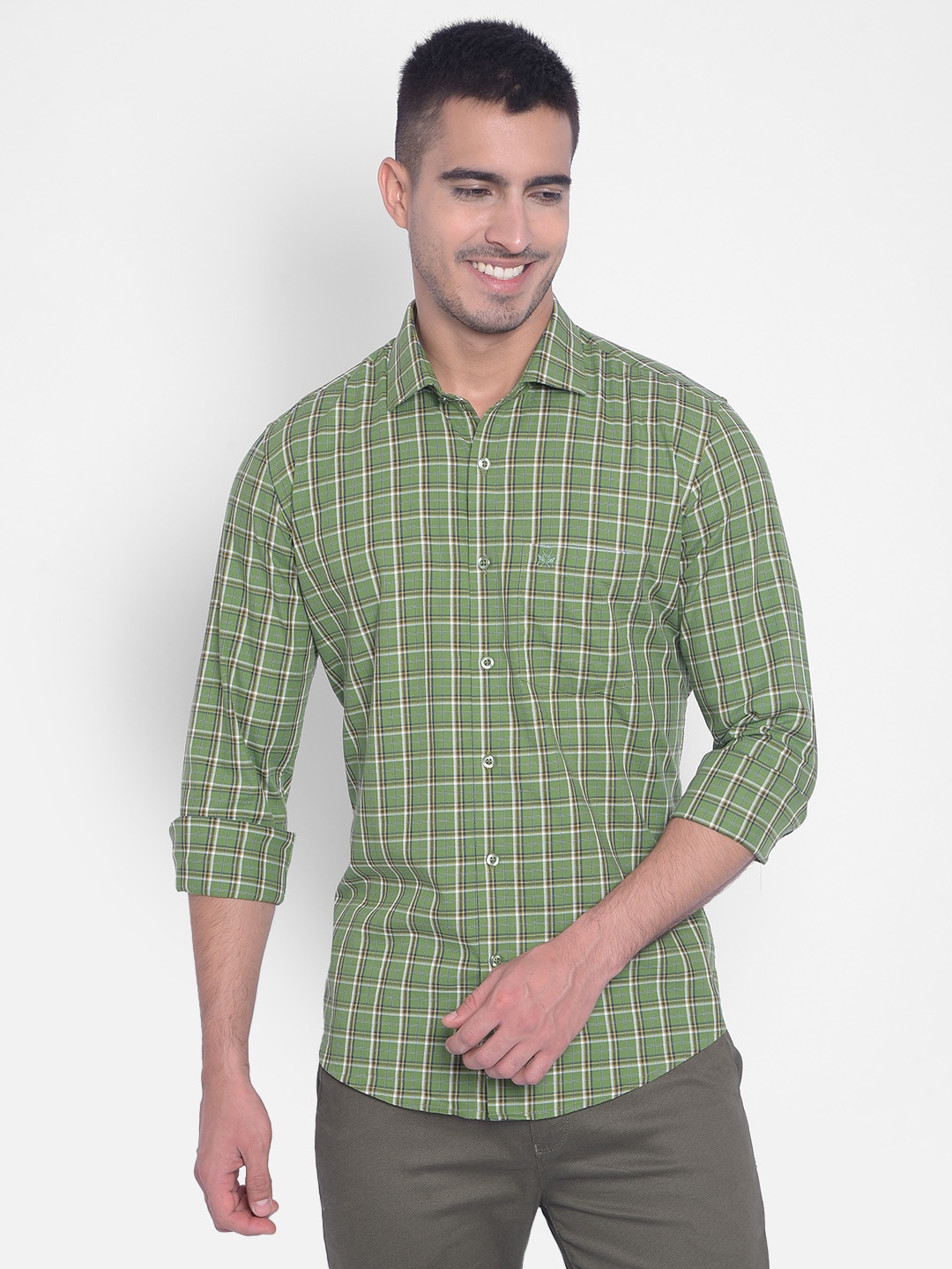 

Crimsoune Club Slim Fit Tartan Checked Pure Cotton Casual Shirt, Green