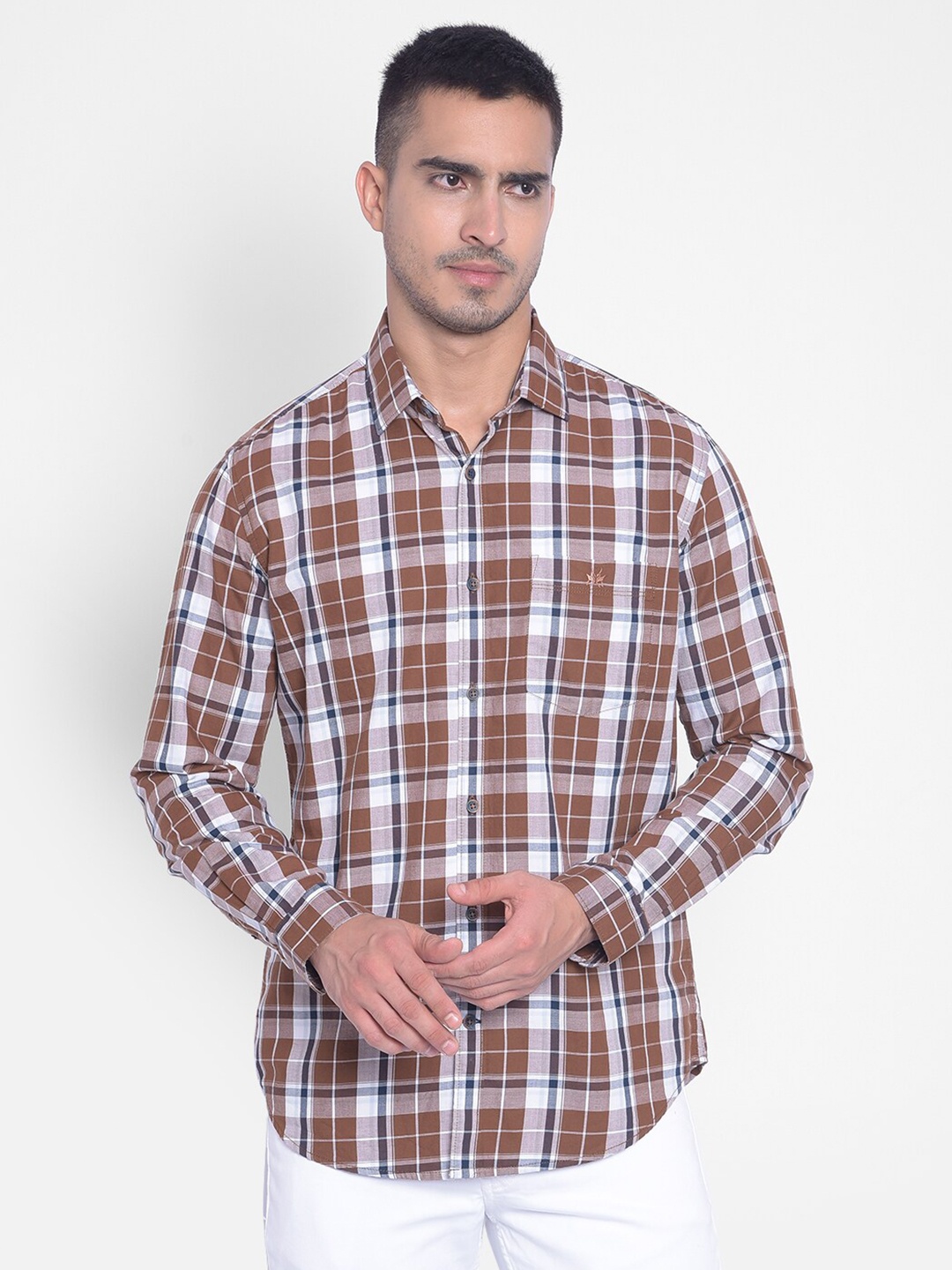 

Crimsoune Club Slim Fit Tartan Checked Pure Cotton Casual Shirt, Brown