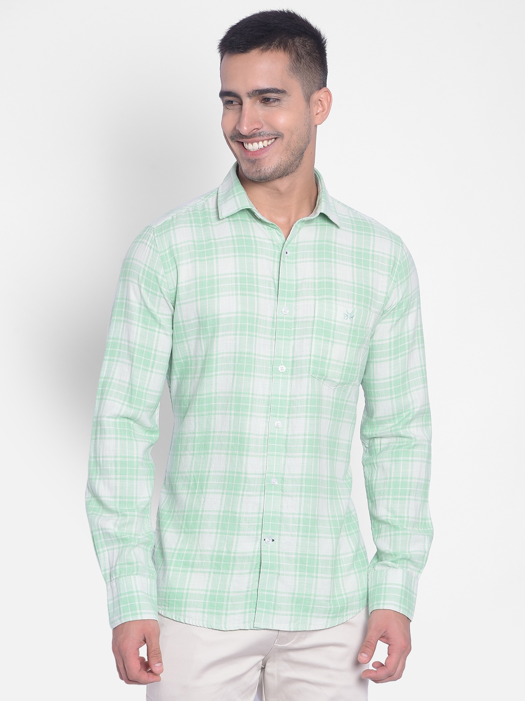 

Crimsoune Club Slim Fit Tartan Checked Spread Collar Cotton Shirt, Green