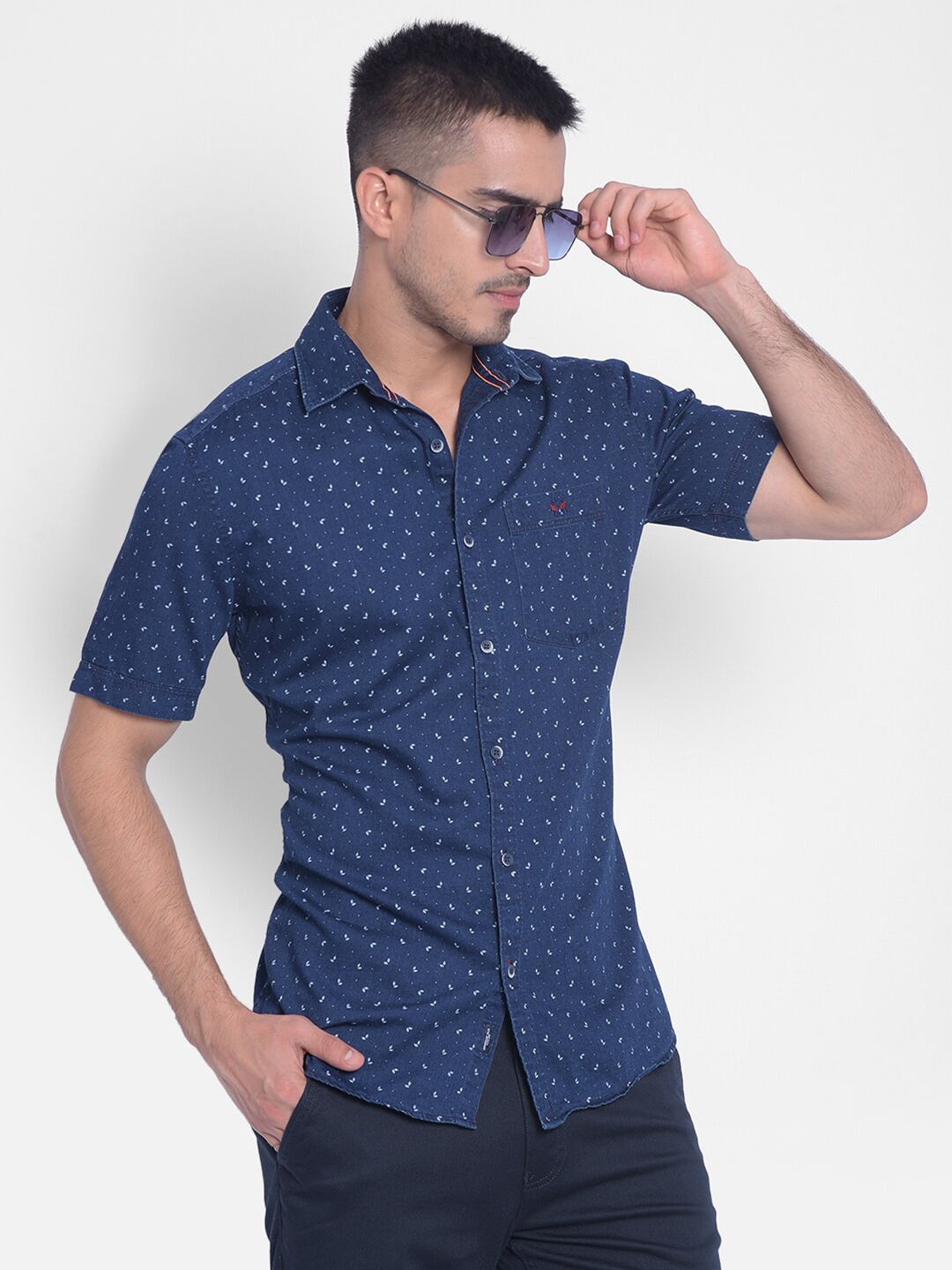

Crimsoune Club Slim Fit Micro Ditsy Printed Spread Collar Cotton Shirt, Navy blue