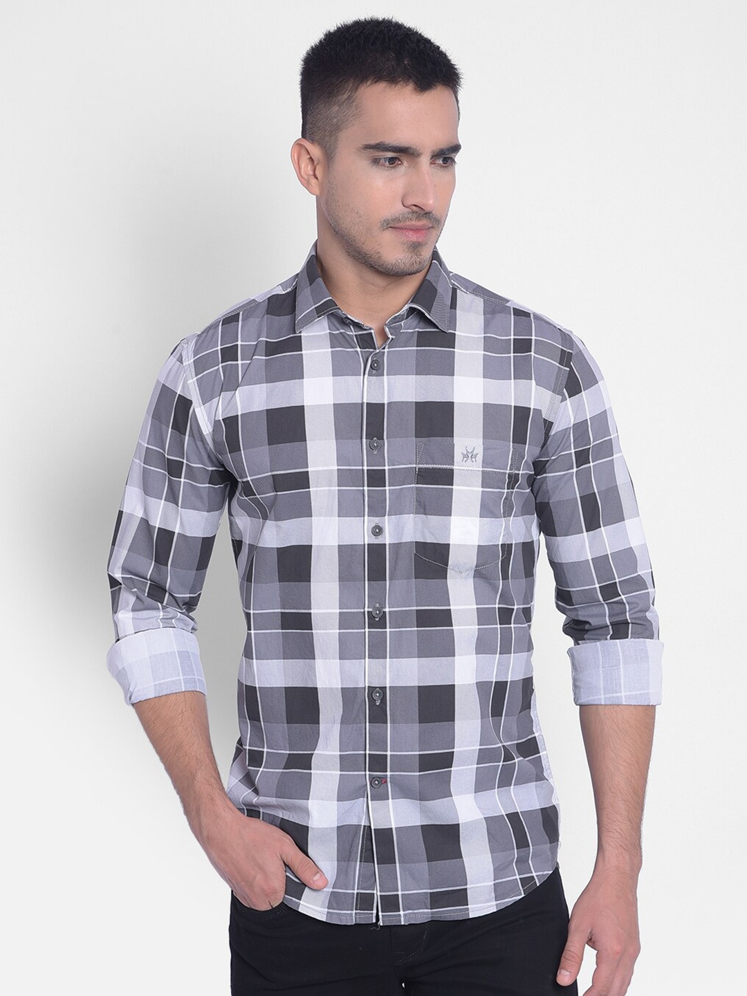 

Crimsoune Club Slim Fit Tartan Checked Spread Collar Cotton Shirt, Grey