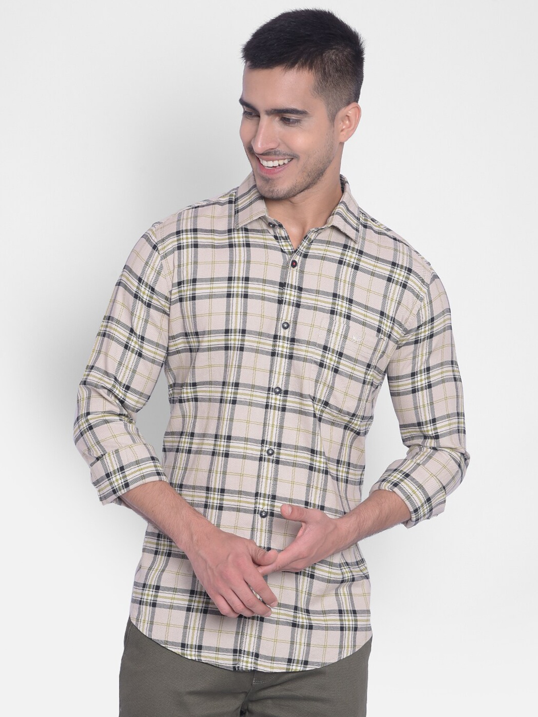 

Crimsoune Club Slim Fit Tartan Checked Spread Collar Cotton Shirt, Beige