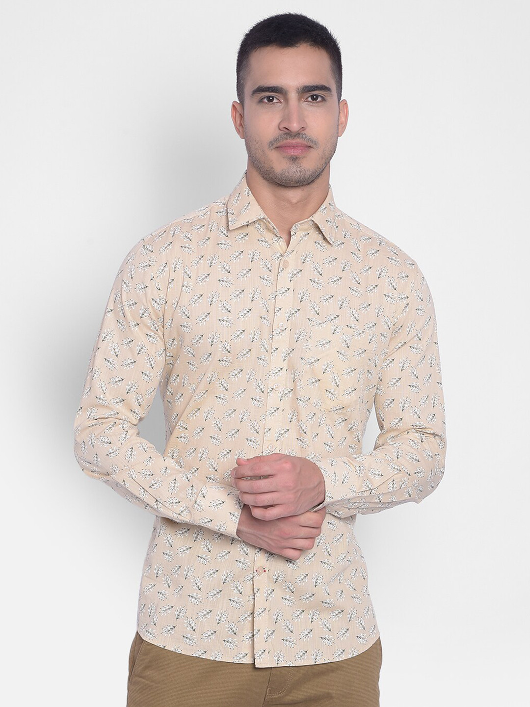 

Crimsoune Club Slim Fit Floral Printed Spread Collar Cotton Shirt, Beige