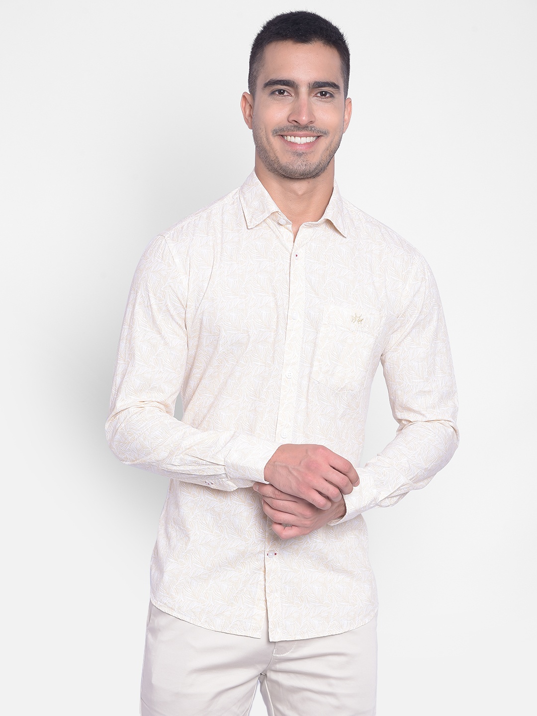 

Crimsoune Club Slim Fit Conversational Printed Pure Cotton Casual Shirt, Cream
