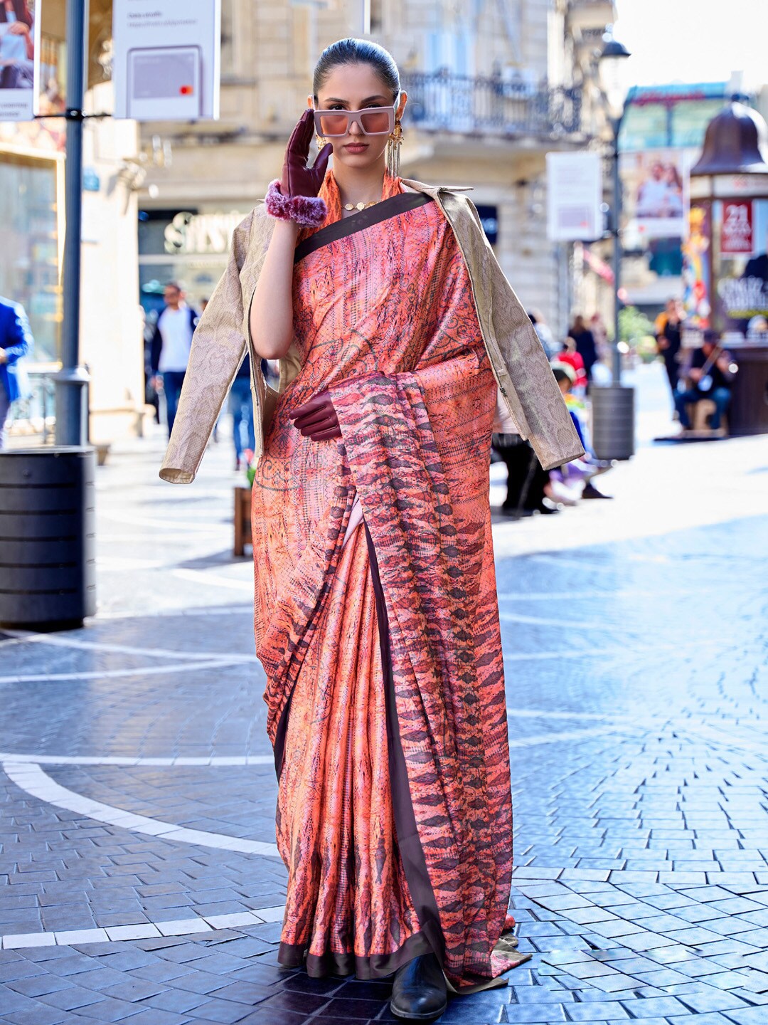

Mitera Satin Block Print Saree, Peach