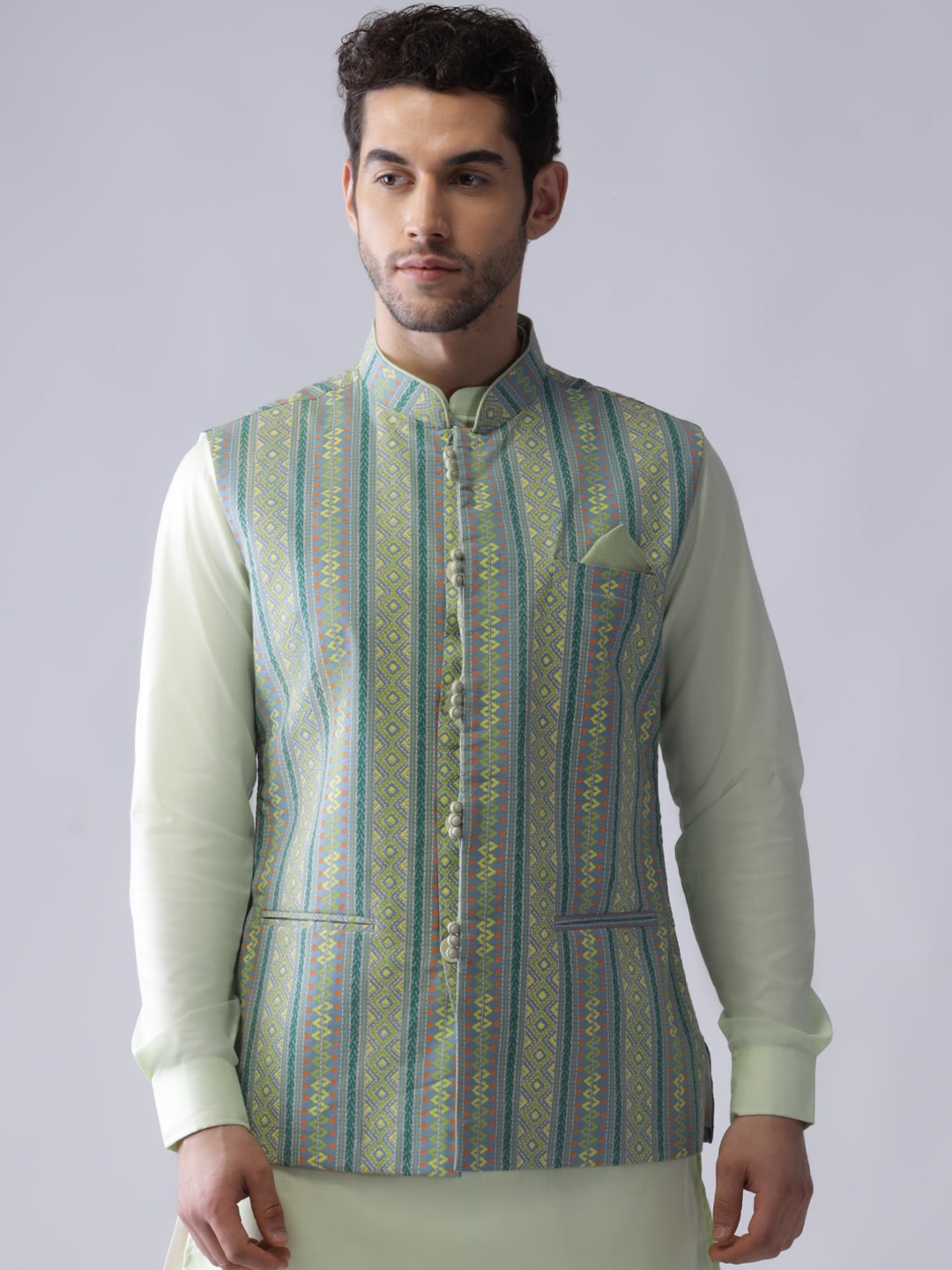 

Sangria Green Printed Mandarin Collar Nehru Jacket