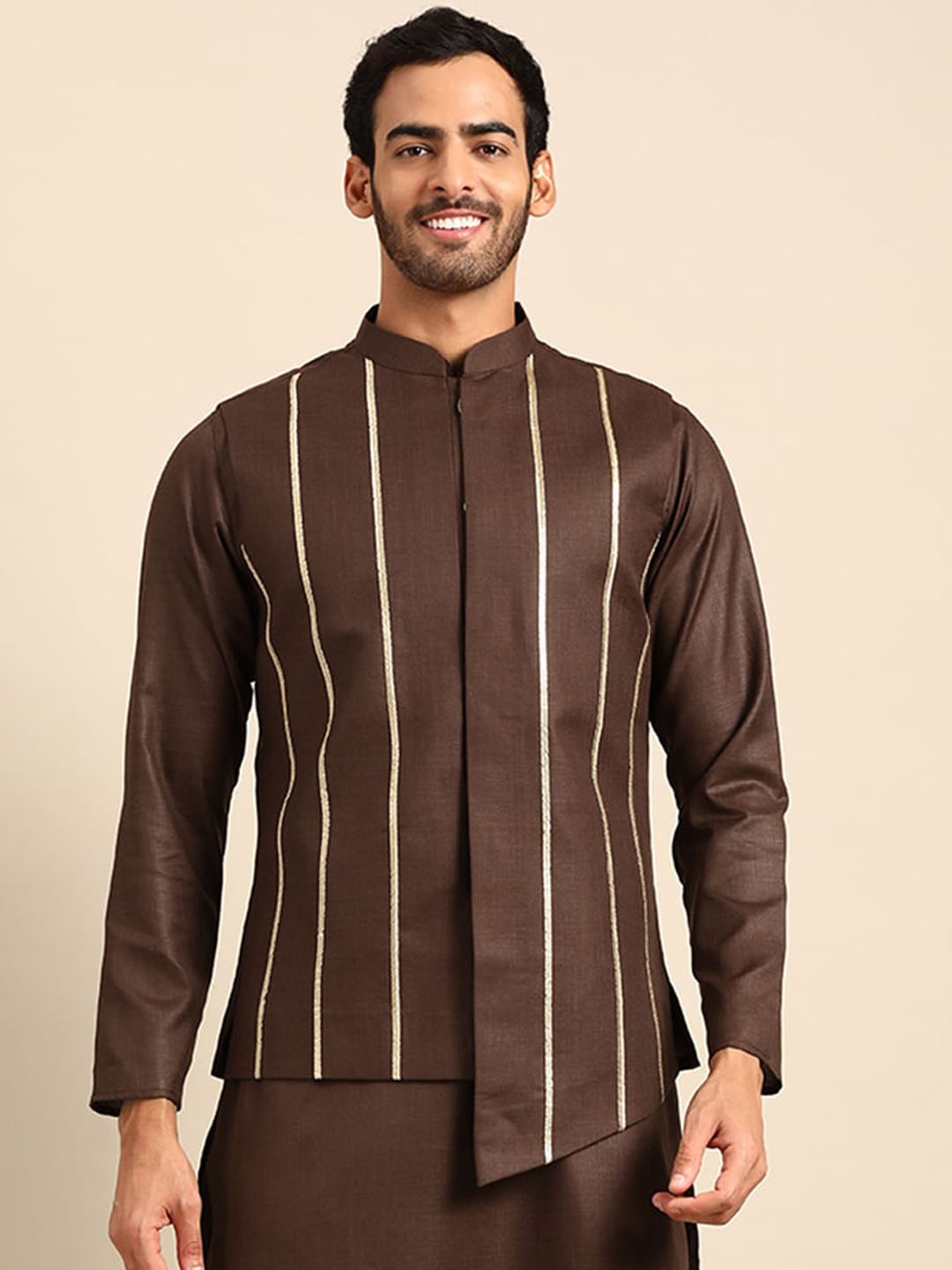 

Sangria Brown Striped Mandarin Collar Nehru Jacket