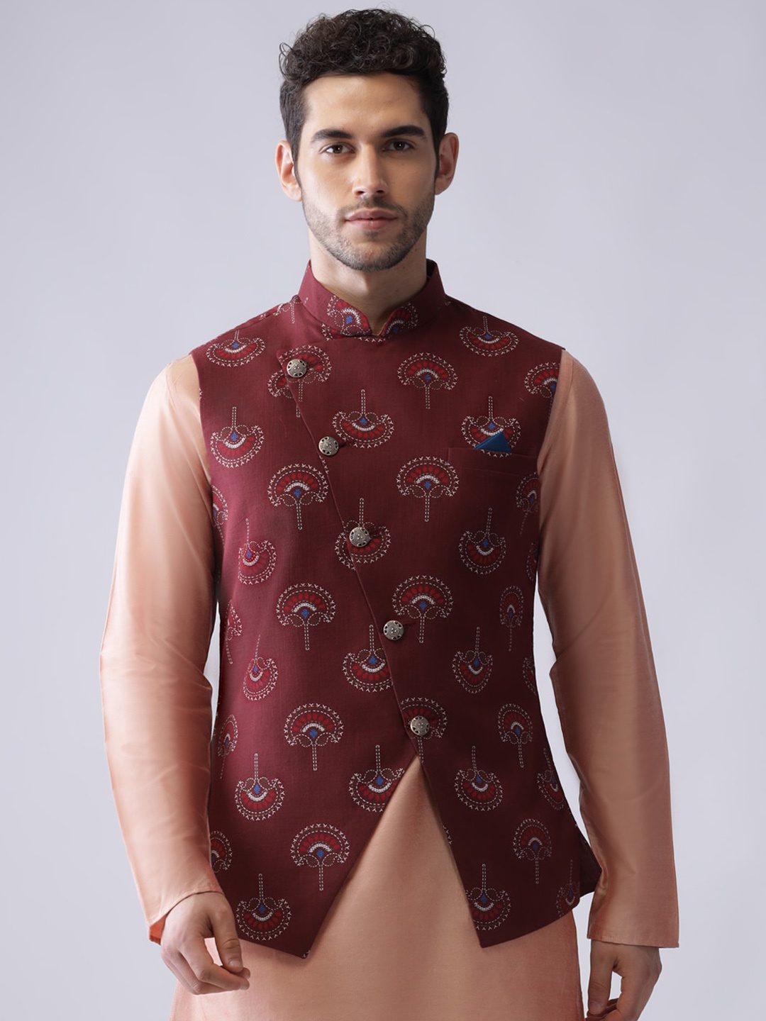 

Sangria Maroon Printed Mandarin Collar Nehru Jacket