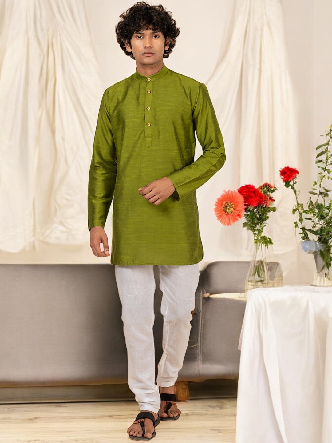 

TATTVA Woven Design Band Collar Cotton Kurta, Green