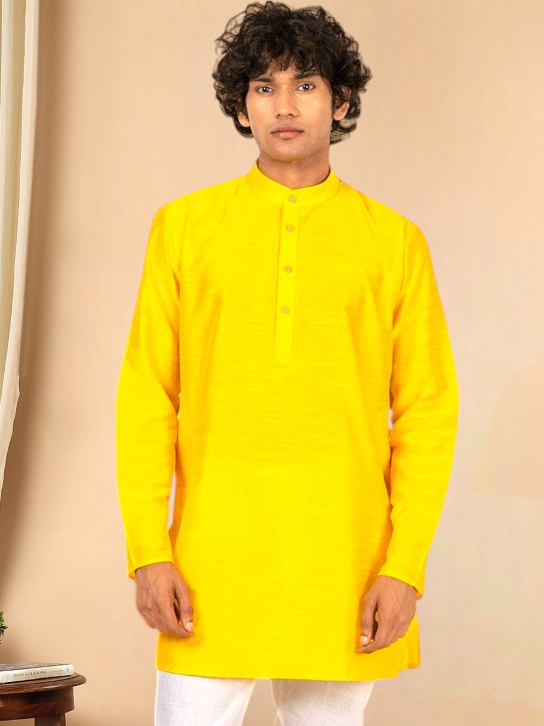 

TATTVA Woven Design Band Collar Cotton Kurta, Yellow
