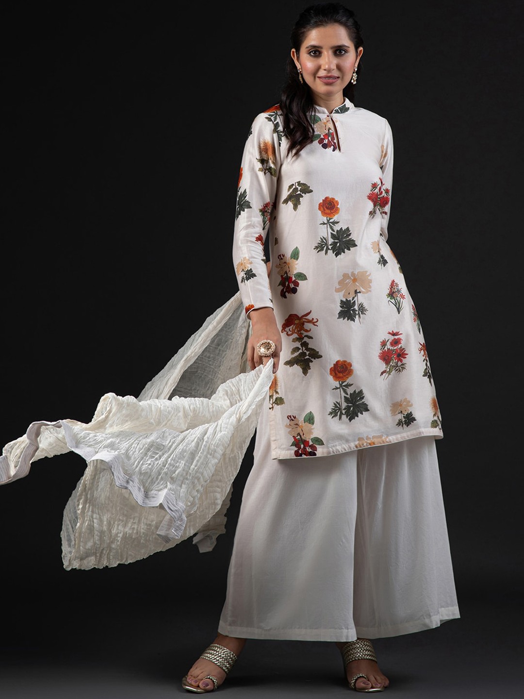 

Biba by Rohit Bal Floral Printed Regular Kurta with Palazzos, Off white