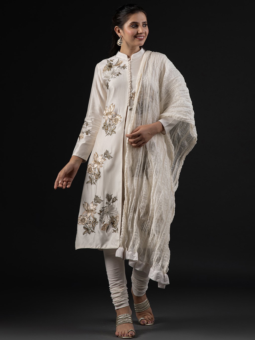 

Biba by Rohit Bal Floral Printed Regular Kurta With Churidar & Dupatta, White