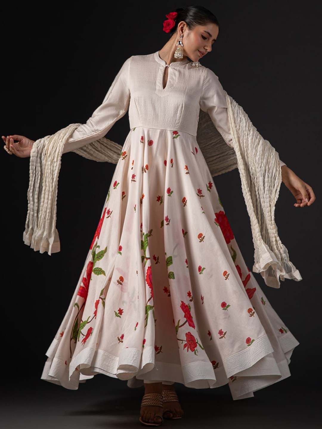 

Biba by Rohit Bal Floral Printed Mandarin Collar Anarkali Kurta with Churidar & Dupatta, Beige